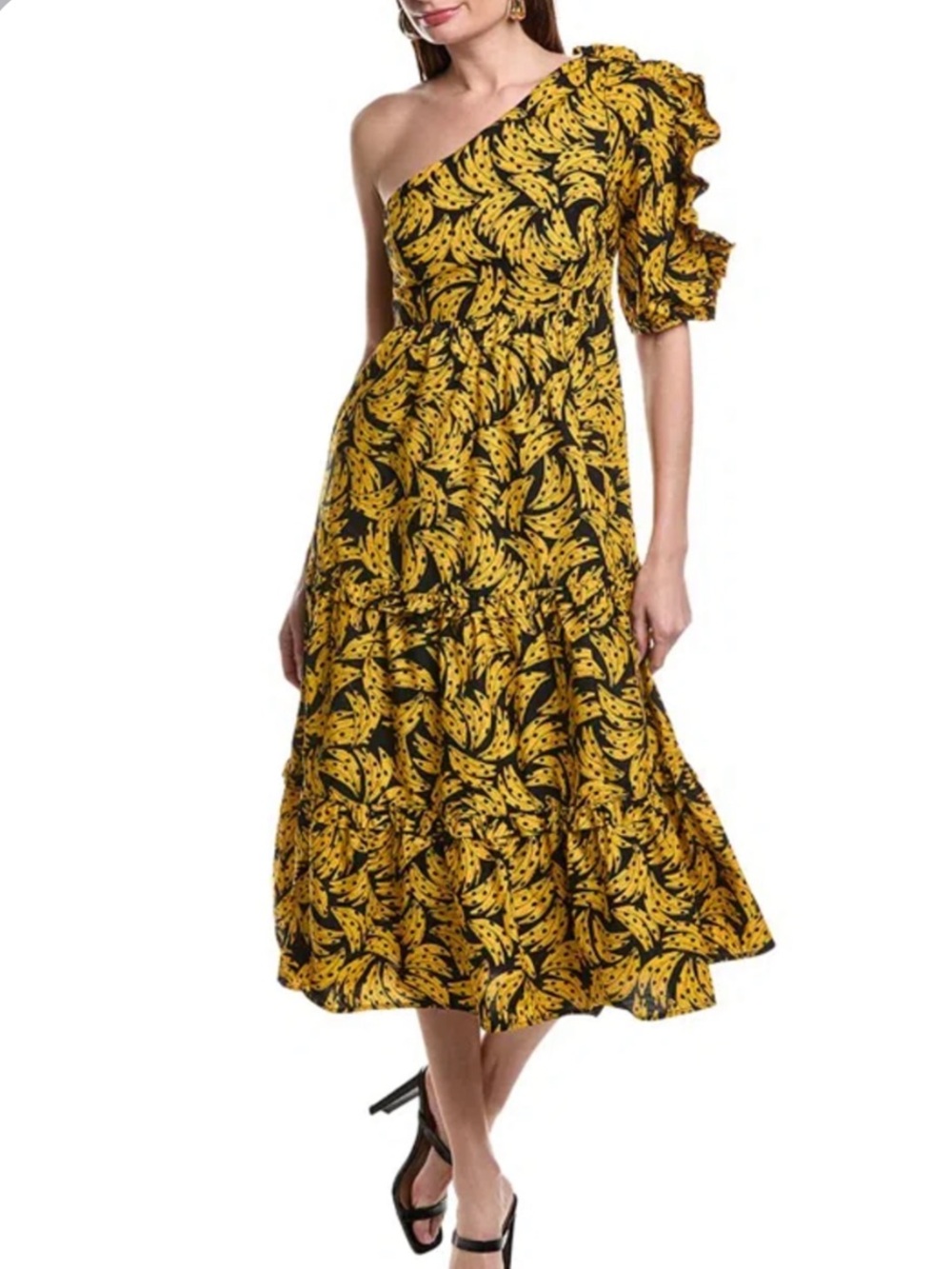Farm Rio Black Spotted Bananas One Shoulder Dress Medium